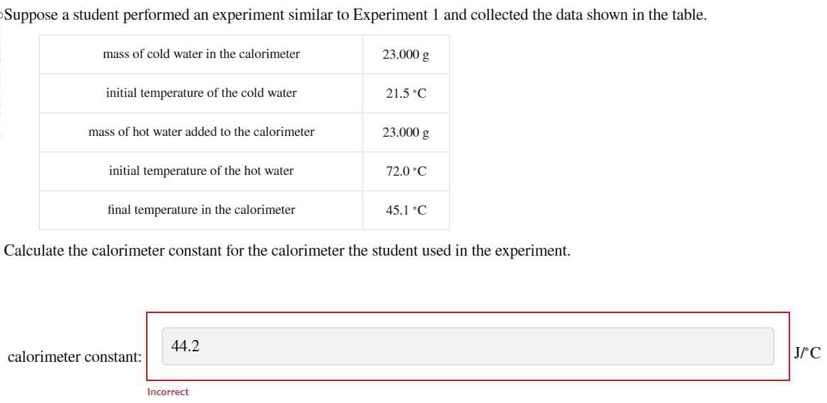 Suppose a student performed an experiment similar to Experiment 1 and collected the data shown in the table.
mass of cold water in the calorimeter
23.000 g
initial temperature of the cold water
21.5°C
mass of hot water added to the calorimeter
23.000 g
initial temperature of the hot water
72.0°C
final temperature in the calorimeter
45.1 °C
Calculate the calorimeter constant for the calorimeter the student used in the experiment.
44.2
calorimeter constant:
Incorrect
J/°C