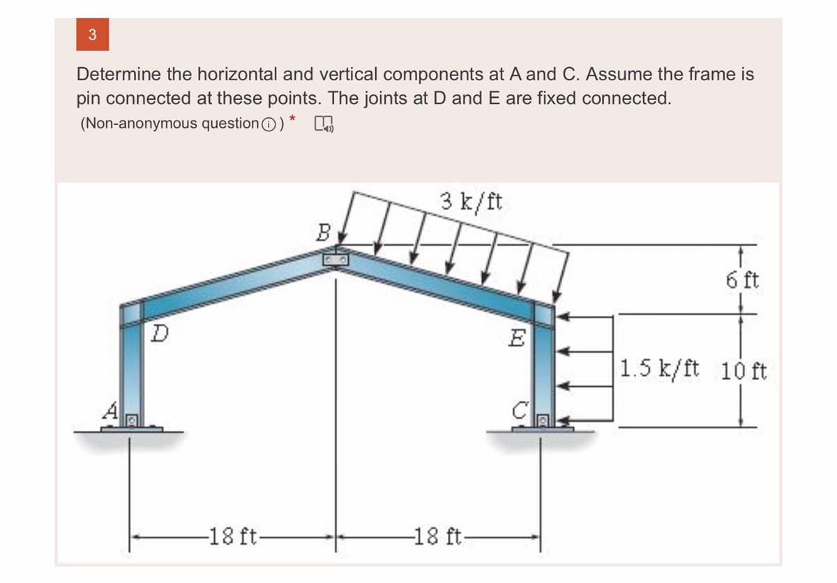 Determine the horizontal and vertical components at A and C. Assume the frame is
pin connected at these points. The joints at D and E are fixed connected.
(Non-anonymous questionO)*
3 k/ft
B
6 ft
E
1.5 k/ft 10 ft
-18 ft-
-18 ft-
