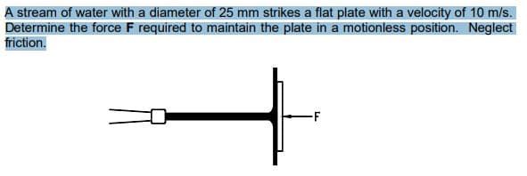 A stream of water with a diameter of 25 mm strikes a flat plate with a velocity of 10 m/s.
Determine the force F required to maintain the plate in a motionless position. Neglect
friction.