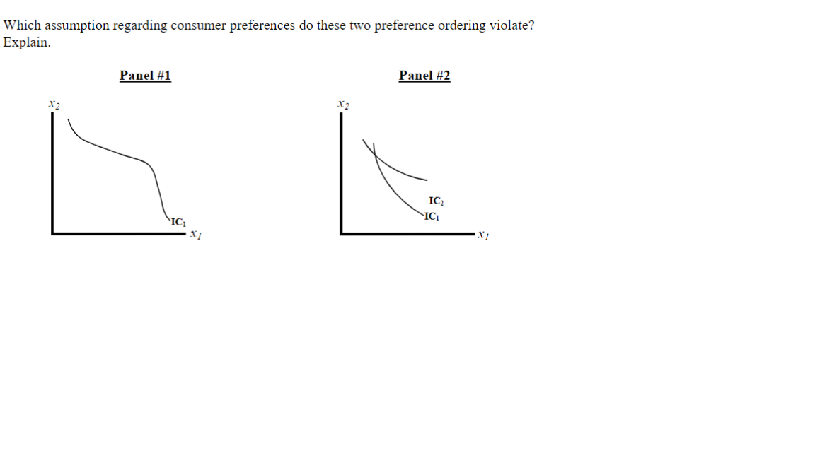 Which assumption regarding consumer preferences do these two preference ordering violate?
Explain.
Panel #1
Panel #2
X2
IC:
ICı
IC
X1
X 1
