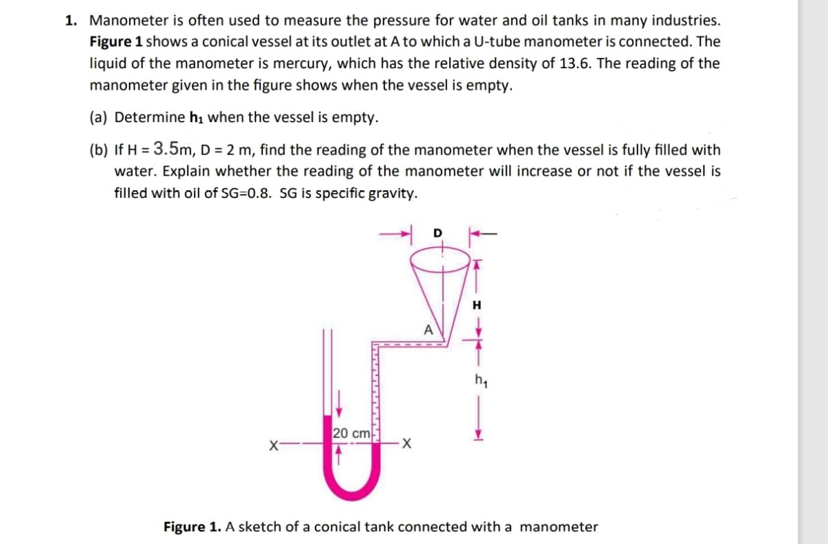 1. Manometer is often used to measure the pressure for water and oil tanks in many industries.
Figure 1 shows a conical vessel at its outlet at A to which a U-tube manometer is connected. The
liquid of the manometer is mercury, which has the relative density of 13.6. The reading of the
manometer given in the figure shows when the vessel is empty.
(a) Determine h₁ when the vessel is empty.
(b) If H = 3.5m, D = 2 m, find the reading of the manometer when the vessel is fully filled with
water. Explain whether the reading of the manometer will increase or not if the vessel is
filled with oil of SG=0.8. SG is specific gravity.
D
h₁
20 cm
-X
X
Figure 1. A sketch of a conical tank connected with a manometer
A