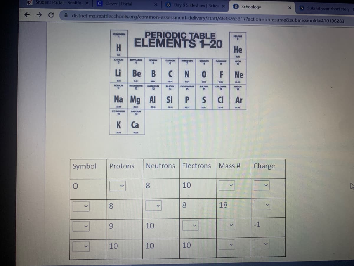 V Student Portal - Seattle x
C Clever | Portal
S Day 6 Slideshow | Scho x
9 Schoology
S Submit your short story
A districtims.seattleschools.org/common-assessment-delivery/start/4683263317?action3onresume&submissionld=D410196283
PERIODIC TABLE
ELEMENTS 1-20
Не
UUM
H.
400
umUM
BORON
CARBON
NITROOEN
ORYOEN
Li Be B
F
Ne
MAONESUM
12
BODUM
ALUMNUM
13
BILICON
14
SULFUR
18
PHOHORus
CHLONE
17
ARGON
15
Na Mg Al Si
CI
Ar
28.00
30.97
2545
POTASSUM
CALCIUM
20
K
Symbol
Protons
Neutrons
Electrons
Mass #
Charge
8
10
8.
8.
18
6.
10
10
10
10
1,
P.
F =
9,
