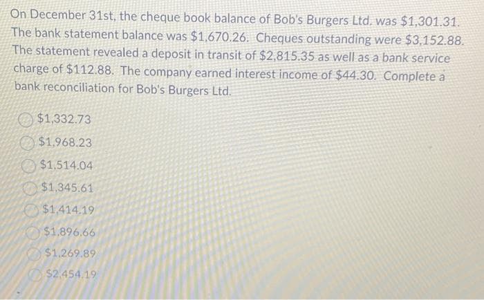 On December 31st, the cheque book balance of Bob's Burgers Ltd. was $1,301.31.
The bank statement balance was $1,670.26. Cheques outstanding were $3,152.88.
The statement revealed a deposit in transit of $2,815.35 as well as a bank service
charge of $112.88. The company earned interest income of $44.30. Complete a
bank reconciliation for Bob's Burgers Ltd.
$1,332.73
$1,968.23
$1.514.04
$1,345.61
$1,414.19
$1,896.66
$1.269.89
$2.454.19