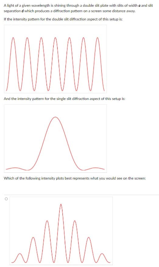 A light of a given wavelength is shining through a double slit plate with slits of width a and slit
separation d which produces a diffraction pattern on a screen some distance away.
If the intensity pattern for the double slit diffraction aspect of this setup is:
And the intensity pattern for the single slit diffraction aspect of this setup is:
Which of the following intensity plots best represents what you would see on the screen:
