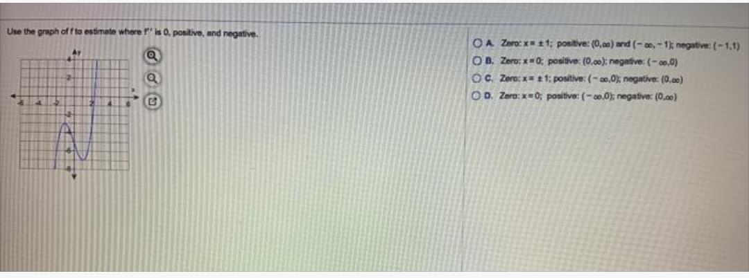 Use the graph of f to estimate where f' is 0, positive, and negative.
OA Zaro: xt1; positive: (0,ae) and (- 0, - 1); negative: (-1,1)
OB. Zero: x=0; positive: (0.00): negative: (- 00.0)
OC. Zero: x=±1; positive: (-00,0): negative: (0,00)
O0. Zera: x0; positive: (-o.0); negative: (0,00)
