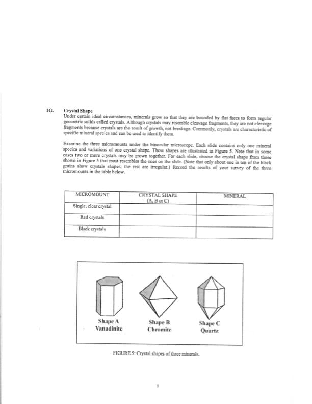 IG.
Crystal Shape
Under certain ideal circumstances, minerals grow so that they are bounded by flat faces to form regular
geometric solids called crystals. Although crystals may resemble cleavage fragments, they are not cleavage
fragments because crystals are the result of growth, not breakage. Commonly, crystals are characteristic of
specific mineral species and can be used to identify them.
Examine the three micromounts under the binocular microscope. Each slide contains only one mineral
species and variations of one crystal shape. These shapes are illustrated in Figure 5. Note that in some
cases two or more crystals may be grown together. For each slide, choose the crystal shape from those
shown in Figure 5 that most resembles the ones on the slide. (Note that only about one in ten of the black
grains show crystals shapes; the rest are irregular.) Record the results of your survey of the three
micromounts in the table below.
MICROMOUNT
Single, clear crystal
Red crystals
Black crystals
Shape A
Vanadinite
CRYSTAL SHAPE
(A, B or C)
Shape B
Chromite
Shape C
Quartz
FIGURE 5: Crystal shapes of three minerals.
MINERAL