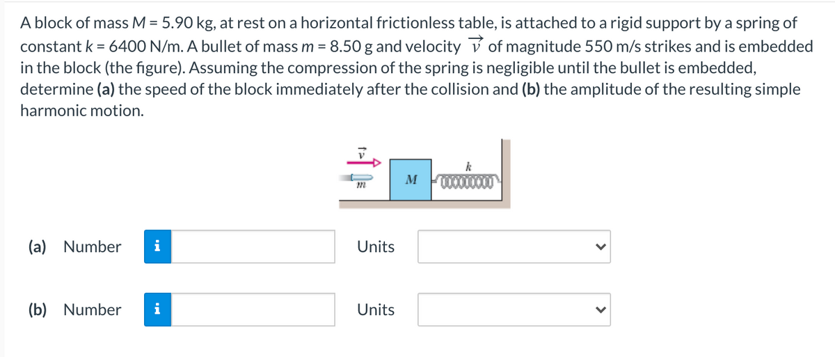 A block of mass M = 5.90 kg, at rest on a horizontal frictionless table, is attached to a rigid support by a spring of
constant k = 6400 N/m. A bullet of mass m = 8.50 g and velocity V of magnitude 550 m/s strikes and is embedded
in the block (the figure). Assuming the compression of the spring is negligible until the bullet is embedded,
determine (a) the speed of the block immediately after the collision and (b) the amplitude of the resulting simple
harmonic motion.
M
m
(a) Number
i
Units
(b) Number
Units
