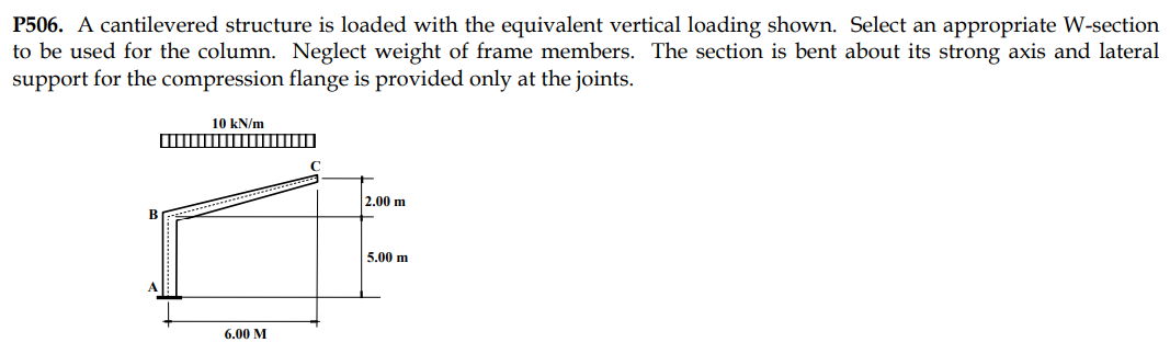 P506. A cantilevered structure is loaded with the equivalent vertical loading shown. Select an appropriate W-section
to be used for the column. Neglect weight of frame members. The section is bent about its strong axis and lateral
support for the compression flange is provided only at the joints.
10 kN/m
2.00 m
5.00 m
6.00 M