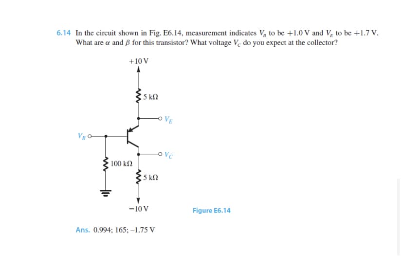 6.14 In the circuit shown in Fig. E6.14, measurement indicates V, to be +1.0 V and Vg to be +1.7 V.
What are a and B for this transistor? What voltage Ve do you expect at the collector?
+10 V
5 kN
O VE
VB O
100 kN
5 k2
-10 V
Figure E6.14
Ans. 0.994; 165; –1.75 V
