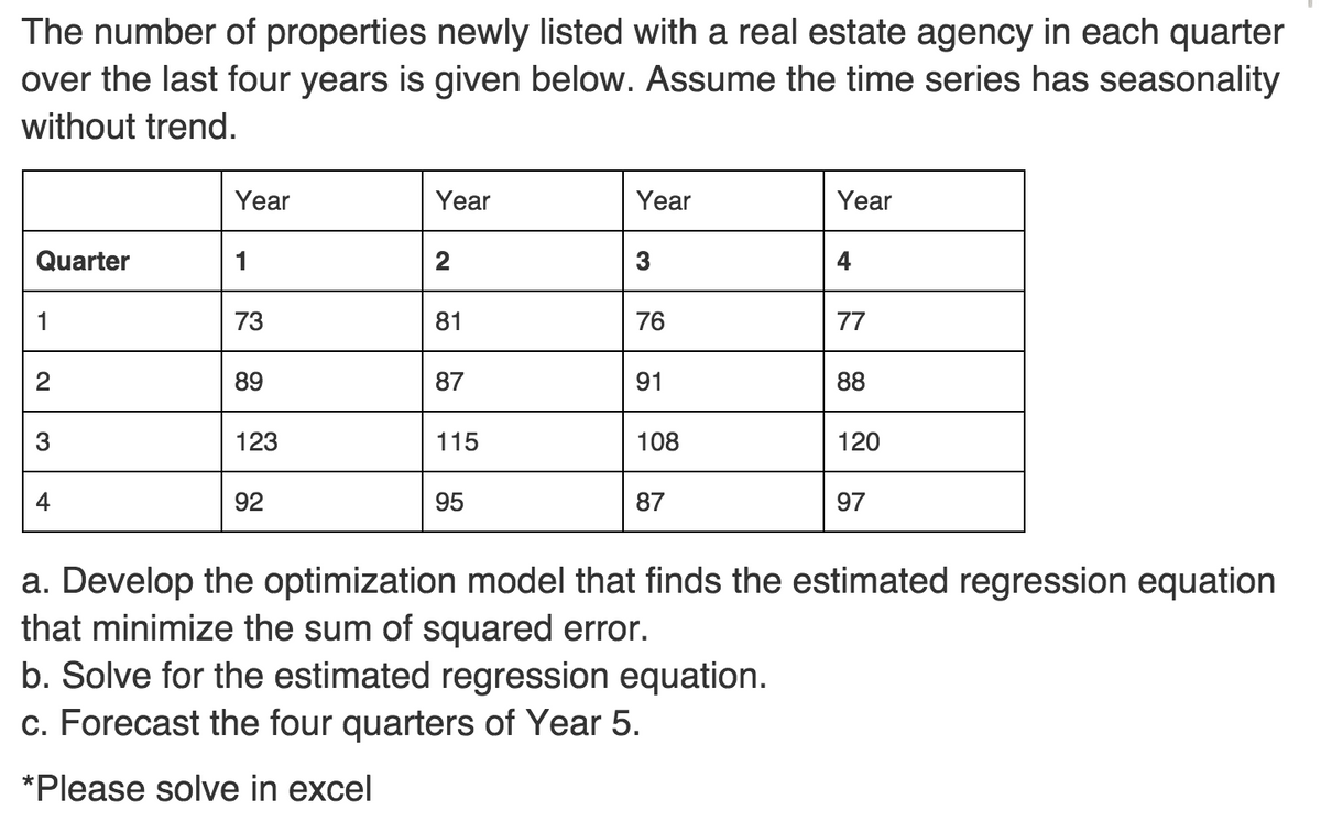 The number of properties newly listed with a real estate agency in each quarter
over the last four years is given below. Assume the time series has seasonality
without trend.
Quarter
1
2
3
4
Year
1
73
89
123
92
Year
2
81
87
115
95
Year
3
76
91
108
87
Year
4
77
88
120
97
a. Develop the optimization model that finds the estimated regression equation
that minimize the sum of squared error.
b. Solve for the estimated regression equation.
c. Forecast the four quarters of Year 5.
*Please solve in excel