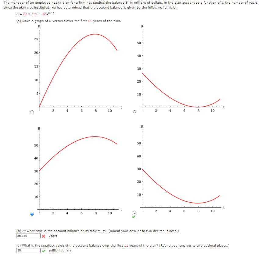 The manager of an employee health plan for a firm has studied the balance B, in millions of dollars, in the plan account as a function of t, the number of years
since the plan was instituted. He has determined that the account balance is given by the following formula.
B = 80 + 11t - 50e0.1t
(a) Make a graph of B versus t over the first 11 years of the plan.
в
B.
25
50
20
40
15
30
10
5.
10
8
10
4
8
10
В
50
50
40
40
30
30
20
20
10
10
t
8.
10
4
8
10
(b) At what time is the account balance at its maximum? (Round your answer to two decimal places.)
56.730
X years
(c) What is the smallest value of the account balance over the first 11 years of the plan? (Round your answer to two decimal places.)
30
million dollars
2.
20
