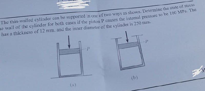 The thin-walled cylinder can be supported in one of two ways as shown. Determine the state of stress
he wall of the cylinder for both cases if the piston P causes the internal pressure to be 100 MPa. The
has a thickness of 12 mm. and the inner diameter of the cylinder is 250 mm.
-P