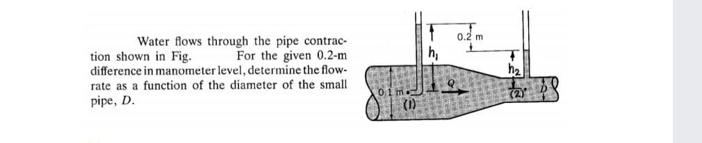 Water flows through the pipe contrac-
For the given 0.2-m
difference in manometer level, determine the flow-
rate as a function of the diameter of the small
0.2 m
tion shown in Fig.
h2
Q
pipe, D.
01 m
(1)
