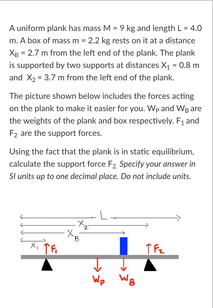 A uniform plank has mass M = 9 kg and length L = 4.0
m. A box of mass m = 2.2 kg rests on it at a distance
%3D
Хв
2.7 m from the left end of the plank. The plank
is supported by two supports at distances X1 = 0.8 m
and X2 = 3.7 m from the left end of the plank.
The picture shown below includes the forces acting
on the plank to make it easier for you. Wp and WB are
the weights of the plank and box respectively. F1 and
F2 are the support forces.
Using the fact that the plank is in static equilibrium,
calculate the support force F2, Specify your answer in
Sl units up to one decimal place. Do not include units.
Wp
WB
