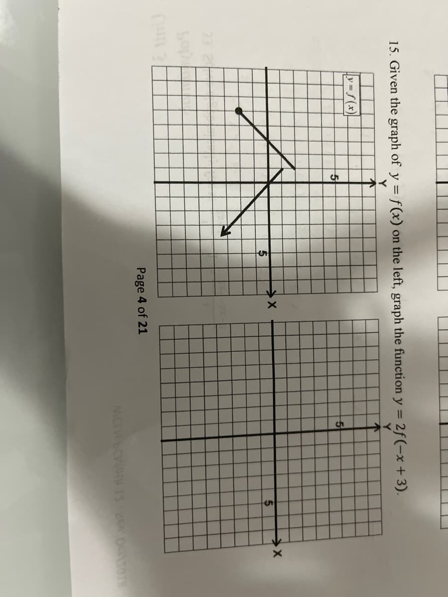 15. Given the graph of y = f(x) on the left, graph the function y = 2f(-x + 3).
Y
Y.
y=f(x).
5
5
5
23 2
Page 4 of 21
