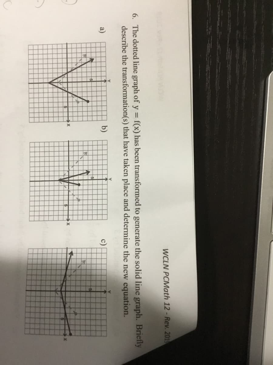 WCLN PCMath 12 - Rev. 2015
6. The dotted line graph of y = f(x) has been transformed to generate the solid line graph. Briefly
describe the transformation(s) that have taken place and determine the new equation.
Y
a)
b)
c)
X
