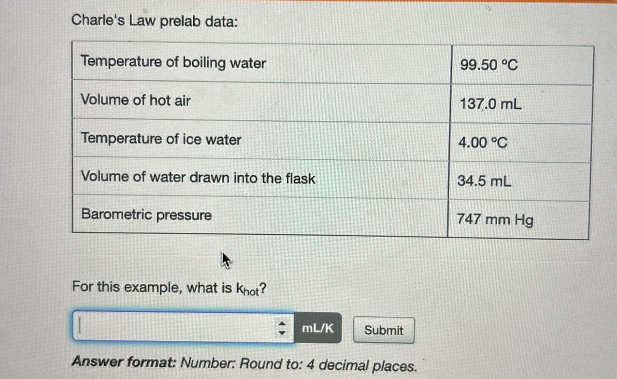 Charle's Law prelab data:
Temperature of boiling water
Volume of hot air
Temperature of ice water
Volume of water drawn into the flask
Barometric pressure
For this example, what is knot?
mL/K
Submit
Answer format: Number: Round to: 4 decimal places.
99.50 °C
137.0 mL
4.00 °C
34.5 mL
747 mm Hg