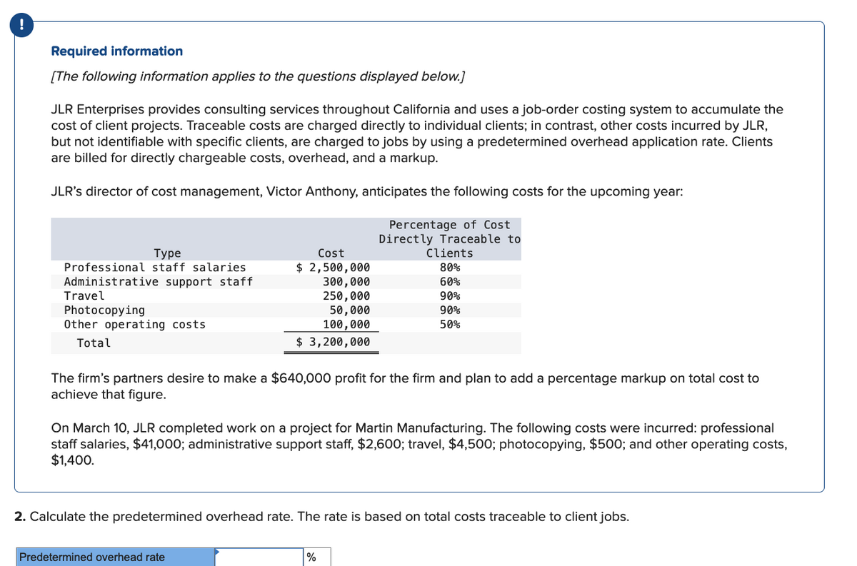 !
Required information
[The following information applies to the questions displayed below.]
JLR Enterprises provides consulting services throughout California and uses a job-order costing system to accumulate the
cost of client projects. Traceable costs are charged directly to individual clients; in contrast, other costs incurred by JLR,
but not identifiable with specific clients, are charged to jobs by using a predetermined overhead application rate. Clients
are billed for directly chargeable costs, overhead, and a markup.
JLR's director of cost management, Victor Anthony, anticipates the following costs for the upcoming year:
Percentage of Cost
Directly Traceable to
Clients
80%
60%
90%
90%
50%
Type
Professional staff salaries
Administrative support staff
Travel
Photocopying
Other operating costs
Total
Cost
$ 2,500,000
300,000
250,000
50,000
100,000
$ 3,200,000
The firm's partners desire to make a $640,000 profit for the firm and plan to add a percentage markup on total cost to
achieve that figure.
On March 10, JLR completed work on a project for Martin Manufacturing. The following costs were incurred: professional
staff salaries, $41,000; administrative support staff, $2,600; travel, $4,500; photocopying, $500; and other operating costs,
$1,400.
2. Calculate the predetermined overhead rate. The rate is based on total costs traceable to client jobs.
Predetermined overhead rate
%