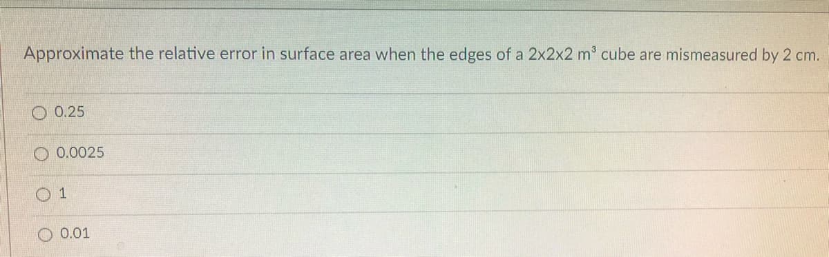 Approximate the relative error in surface area when the edges of a 2x2x2 m³ cube are mismeasured by 2 cm.
0.25
0.0025
01
0.01
0