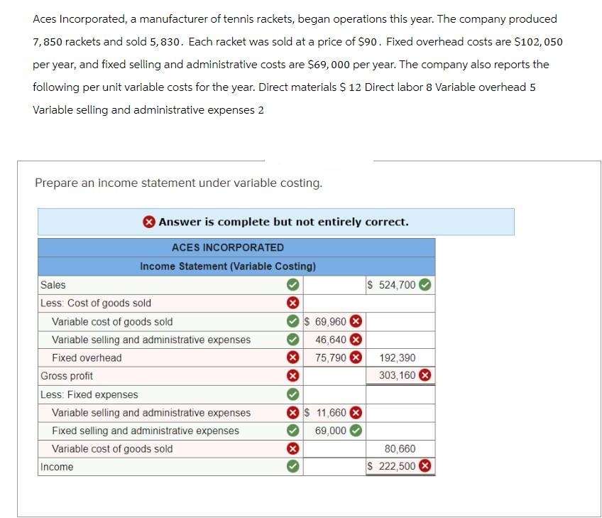 Aces Incorporated, a manufacturer of tennis rackets, began operations this year. The company produced
7,850 rackets and sold 5,830. Each racket was sold at a price of $90. Fixed overhead costs are $102, 050
per year, and fixed selling and administrative costs are $69,000 per year. The company also reports the
following per unit variable costs for the year. Direct materials $ 12 Direct labor 8 Variable overhead 5
Variable selling and administrative expenses 2
Prepare an income statement under variable costing.
Answer is complete but not entirely correct.
ACES INCORPORATED
Income Statement (Variable Costing)
Sales
Less: Cost of goods sold
Variable cost of goods sold
Variable selling and administrative expenses
Fixed overhead
Gross profit
Less: Fixed expenses
Variable selling and administrative expenses
Fixed selling and administrative expenses
Variable cost of goods sold
Income
x
X
X
$ 69,960
46,640 X
75,790 X
$ 11,660 X
69,000
$ 524,700
192,390
303,160
80,660
$ 222,500X