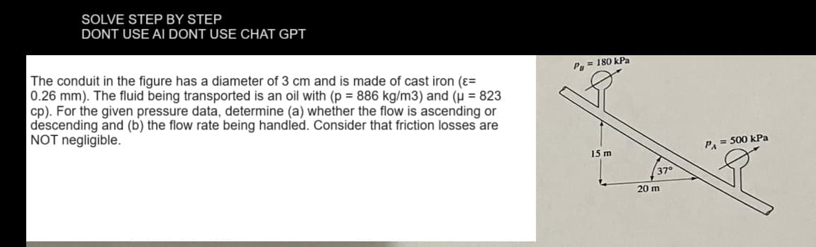 SOLVE STEP BY STEP
DONT USE AI DONT USE CHAT GPT
The conduit in the figure has a diameter of 3 cm and is made of cast iron (>=
0.26 mm). The fluid being transported is an oil with (p = 886 kg/m3) and (μ = 823
cp). For the given pressure data, determine (a) whether the flow is ascending or
descending and (b) the flow rate being handled. Consider that friction losses are
NOT negligible.
P= 180 kPa
15 m
37°
20 m
P₁ = 500 kPa