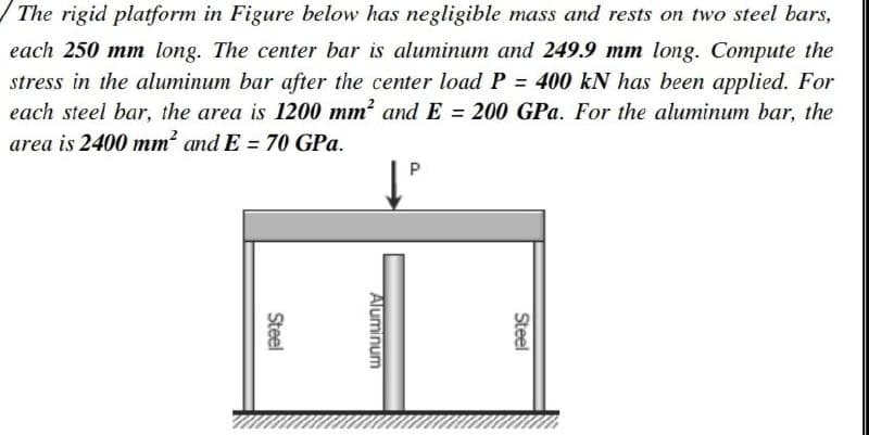 /The rigid platform in Figure below has negligible mass and rests on two steel bars,
each 250 mm long. The center bar is aluminum and 249.9 mm long. Compute the
stress in the aluminum bar after the center load P = 400 kN has been applied. For
each steel bar, the area is 1200 mm² and E = 200 GPa. For the aluminum bar, the
area is 2400 mm² and E = 70 GPa.
Steel
Aluminum
P
Steel