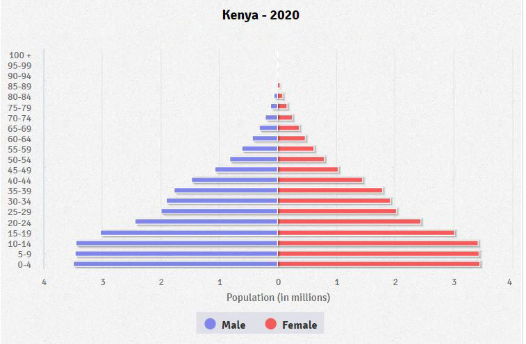 Kenya - 2020
100 +
95-99
90-94
85-89
80-84
75-79
70-74
65-69
60-64
55-59
50-54
45-49
40-44
35-39
30-34
25-29
20-24
15-19
10-14
5-9
0-4
4
2
3
4
Population (in millions)
Male
Female
2.
