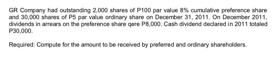 GR Company had outstanding 2,000 shares of P100 par value 8% cumulative preference share
and 30,000 shares of P5 par value ordinary share on December 31, 2011. On December 2011,
dividends in arrears on the preference share qere P8,000. Cash dividend declared in 2011 totaled
P30,000.
Required: Compute for the amount to be received by preferred and ordinary shareholders.
