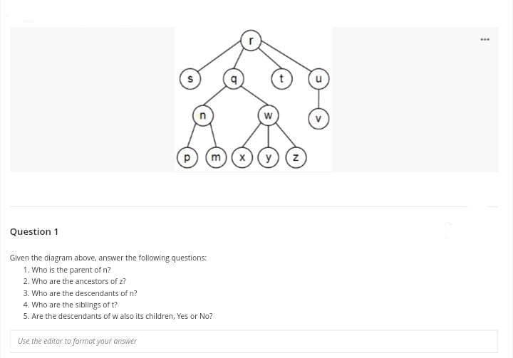 Р
Question 1
Given the diagram above, answer the following questions:
1. Who is the parent of n?
2. Who are the ancestors of z?
Use the editor to format your answer
m
3. Who are the descendants of n?
4. Who are the siblings of t?
5. Are the descendants of w also its children, Yes or No?
W
y Z
***