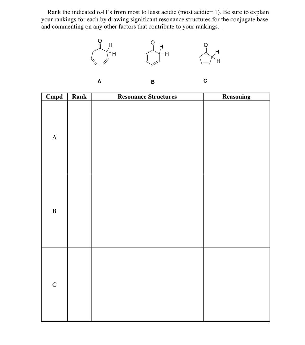 Rank the indicated a-H's from most to least acidic (most acidic= 1). Be sure to explain
your rankings for each by drawing significant resonance structures for the conjugate base
and commenting on any other factors that contribute to your rankings.
H.
H.
A
В
C
Cmpd
Rank
Resonance Structures
Reasoning
A
В
