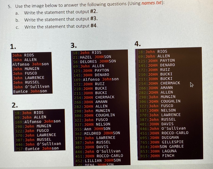 5. Use the image below to answer the following questions (Using names.txt):
a.
Write the statement that output #2.
b. Write the statement that output # 3.
Write the statement that output #4.
C.
1.
3.
4.
John RIOS
John ALLEN
Alfonso Johnson
John MUNGIN
John FUSCO
John LAWRENCE
John RUSSEL
John O'Sullivan
Eunice Johnson
2.
18:John RIOS
21:HAZEL JOHNSON
56: DELORES JOHNSON
69:John ALLEN
125:30HN PAYTON
145:30HN DENARO
169: Alfonso Johnson
172: JOHN RUIZ
210: JOHN BUCKI
211:30HN BUCKI
254:JOHN CHERMACK
266: JOHN AMANN
282:30HN ALLEN
298: John MUNGIN
306:30HN COUGHLIN
322: John FUSCO
337:30HN NELSON
355: Ann JOHNSON
362: MILDRED JOHNSON
370: John LAWRENCE
387: John RUSSEL
401:30HN DAVIS
446: John O'Sullivan
451:30HN ROCCO-CARLO
452: LILLIAN JOHNSON
1546-DENA JOHNSON
18:John RIOS
69:John ALLEN
125:30HN PAYTON
145: JOHN DENARO
172:JOHN RUIZ
210:JOHN BUCKI
211:JOHN BUCKI
254: JOHN CHERMACK
266:30HN AMANN
282:JOHN ALLEN
298: John MUNGIN
306:30HN COUGHLIN
322: John FUSCO
337:30HN NELSON
370: John LAWRENCE
387: John RUSSEL
401: JOHN DAVIS
446: John O'Sullivan
451: JOHN ROCCO-CARLO
695: JOHN DUIGMAN
765: JOHN GILLESPIE
814: JOHNSON GAMBLE
853:30HN LAGUNA
915:30HN FINCH
18:John RIOS
69:John ALLEN
169:Alfonso Johnson
298: John MUNGIN
322:John FUSCO
370:John LAWRENCE
387:John RUSSEL
446: John O'Sullivan
757: Eunice Johnson