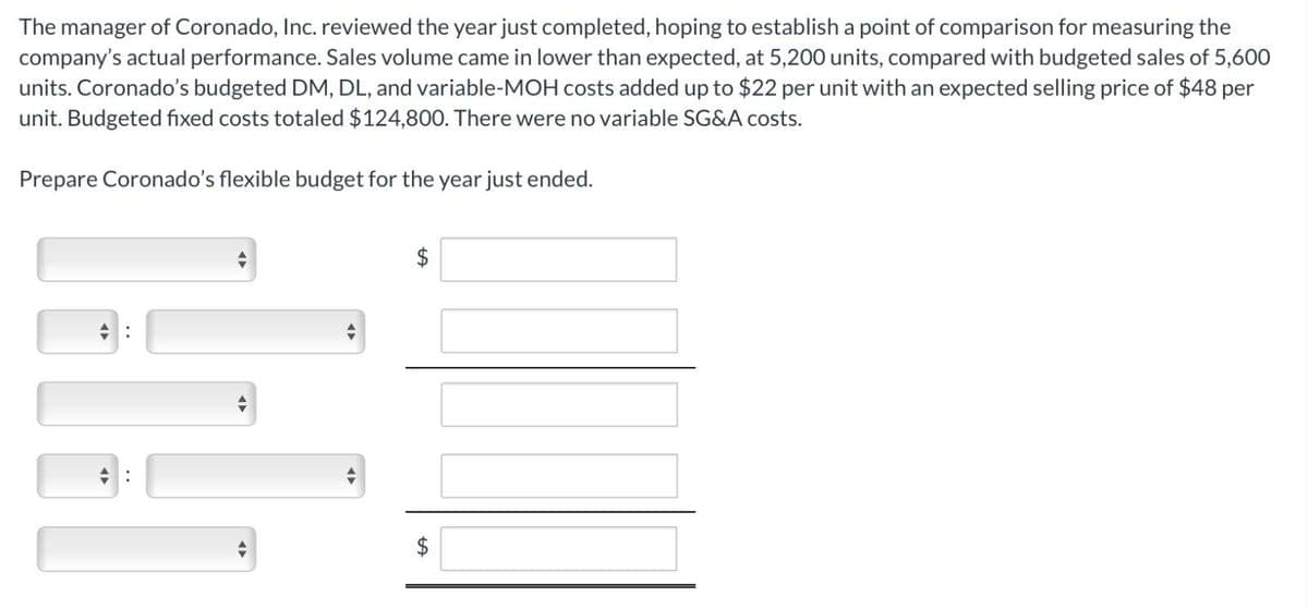 The manager of Coronado, Inc. reviewed the year just completed, hoping to establish a point of comparison for measuring the
company's actual performance. Sales volume came in lower than expected, at 5,200 units, compared with budgeted sales of 5,600
units. Coronado's budgeted DM, DL, and variable-MOH costs added up to $22 per unit with an expected selling price of $48 per
unit. Budgeted fixed costs totaled $124,800. There were no variable SG&A costs.
Prepare Coronado's flexible budget for the year just ended.
:
+A
$