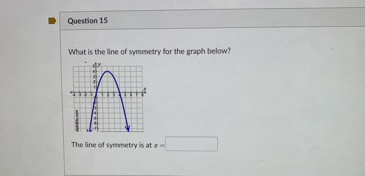 Question 15
What is the line of symmetry for the graph below?
43 2-1
1 2 3
5 6 7 8
4
-6-
The line of symmetry is at x =
543 21
MathBits.com
