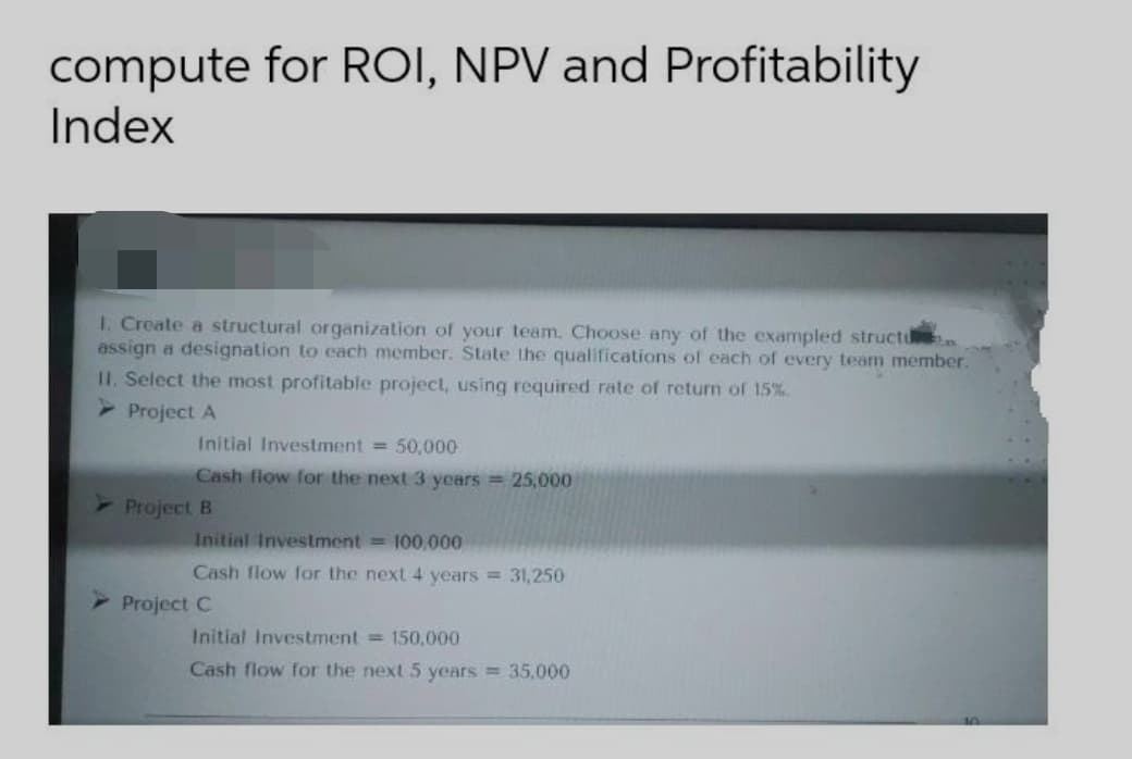 compute for ROI, NPV and Profitability
Index
I. Create a structural organization of your team. Choose any of the exampled structu
assign a designation to cach member. State the qualifications of each of every team member.
II. Select the most profitable project, using required rate of return of 15%
- Project A
Initial Investment = 50,000
Cash fiow for the next 3 years = 25,000
Project B
Initial Investment = 100,000
Cash flow for the next 4 years = 31,250
- Project C
Initial Investment = 150,000
Cash flow for the next 5 years = 35,000
