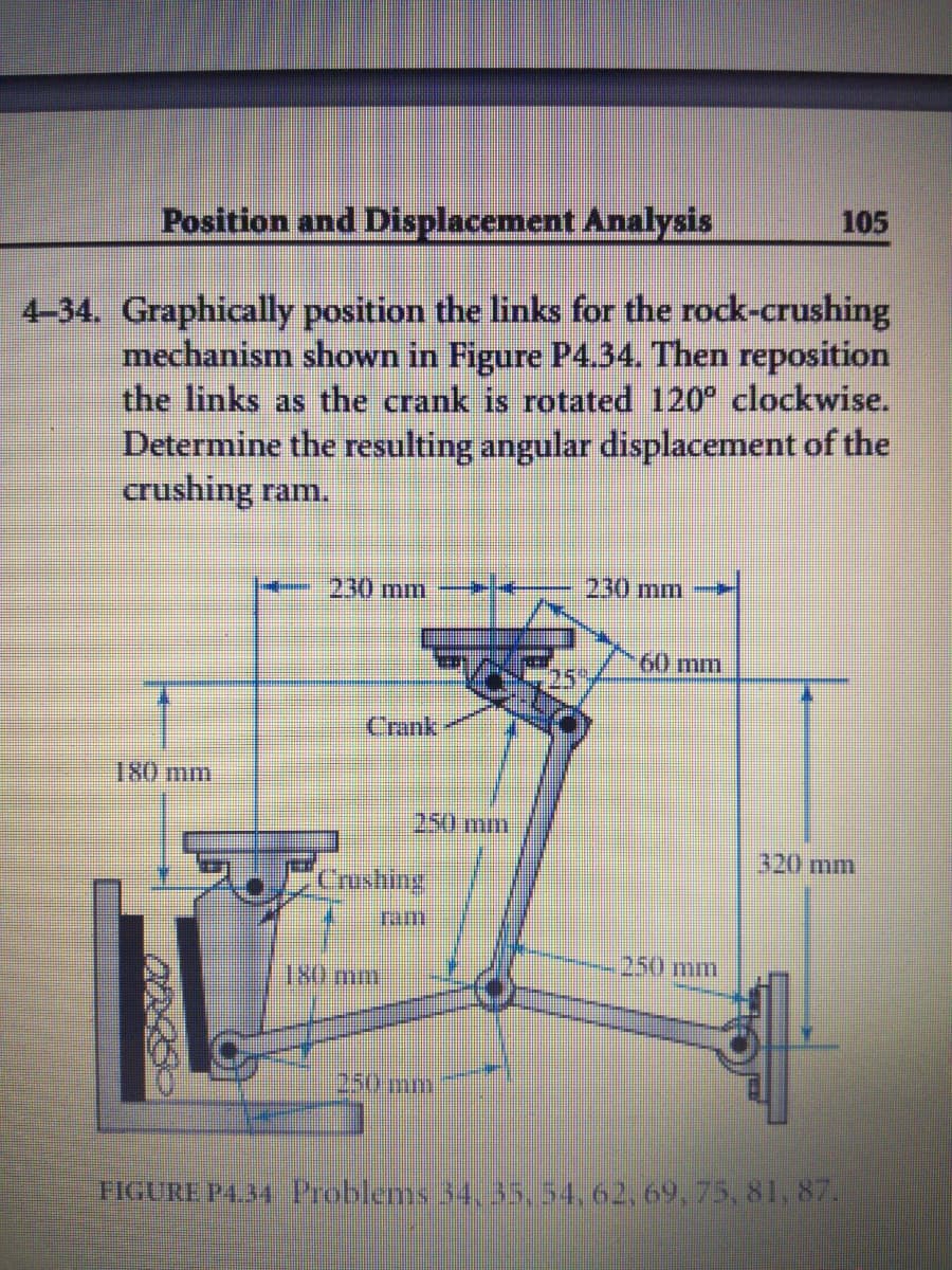 105
Position and Displacement Analysis
4–34. Graphically position the links for the rock-crushing
mechanism shown in Figure P4.34. Then reposition
the links as the crank is rotated 120° clockwise.
Determine the resulting angular displacement of the
crushing ram.
230 mm
230 mm
60 mm
Crank
180 mm
250mm
320 mm
Crushing
250 mm
180mm
250 mm
FIGURE P4M Prablems 34. 35,34.62, 69, 75, 81,87.
