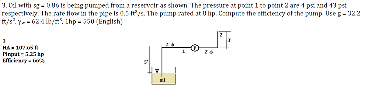 3. Oil with sg = 0.86 is being pumped from a reservoir as shown. The pressure at point 1 to point 2 are 4 psi and 43 psi
respectively. The rate flow in the pipe is 0.5 ft³/s. The pump rated at 8 hp. Compute the efficiency of the pump. Use
ft/s², yw = 62.4 lb/ft³, 1hp = 550 (English)
g= 32.2
3
HA = 107.65 ft
Pinput = 5.25 hp
Efficiency = 66%
5'
V
oil
2' b
الم
3'