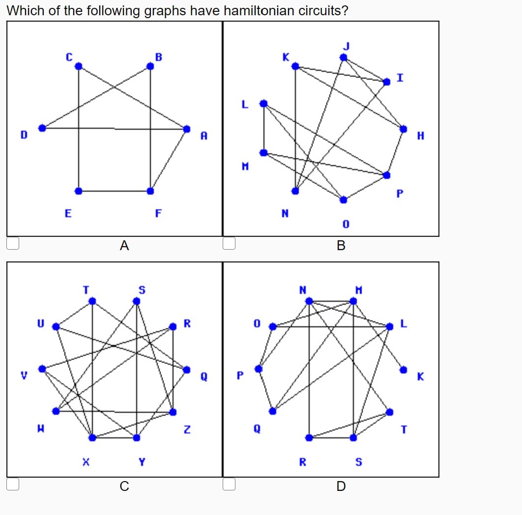 Which of the following graphs have hamiltonian circuits?
B
L
A
H
E
A
В
S
R
Y
R S
C
