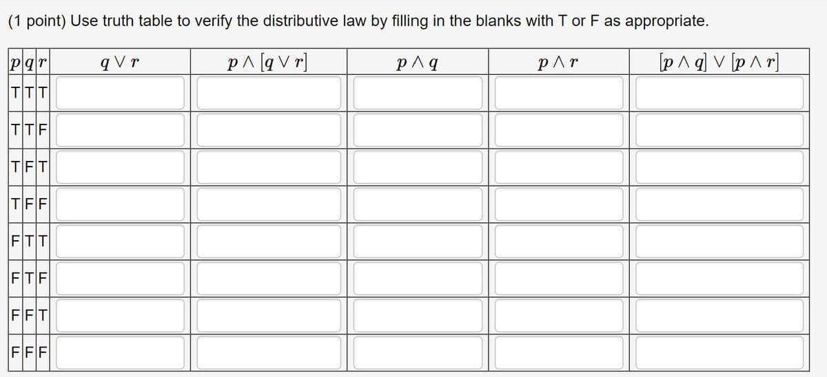 (1 point) Use truth table to verify the distributive law by filling in the blanks with T or F as appropriate.
Par
q V r
p^ [q V r]
p^q
pAr
[pA q] v [p A r]
TTT
TTF
FTF
FFT
