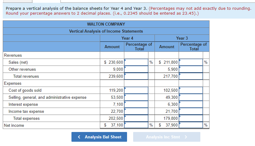 Prepare a vertical analysis of the balance sheets for Year 4 and Year 3. (Percentages may not add exactly due to rounding.
Round your percentage answers to 2 decimal places. (i.e., 0.2345 should be entered as 23.45).)
Revenues
Sales (net)
Other revenues
Total revenues
Expenses
Cost of goods sold
WALTON COMPANY
Vertical Analysis of Income Statements
Year 4
Selling, general, and administrative expense
Interest expense
Income tax expense
Total expenses
Net income
Amount
$ 230,600
9,000
239,600
119,200
53,500
7,100
22,700
202,500
$ 37,100
< Analysis Bal Sheet
Percentage of
Total
Amount
%
Year 3
% $ 211,800
5,900
217,700
102,500
49,300
6,300
21,700
179,800
$ 37,900
Percentage of
Total
Analysis Inc Stmt >