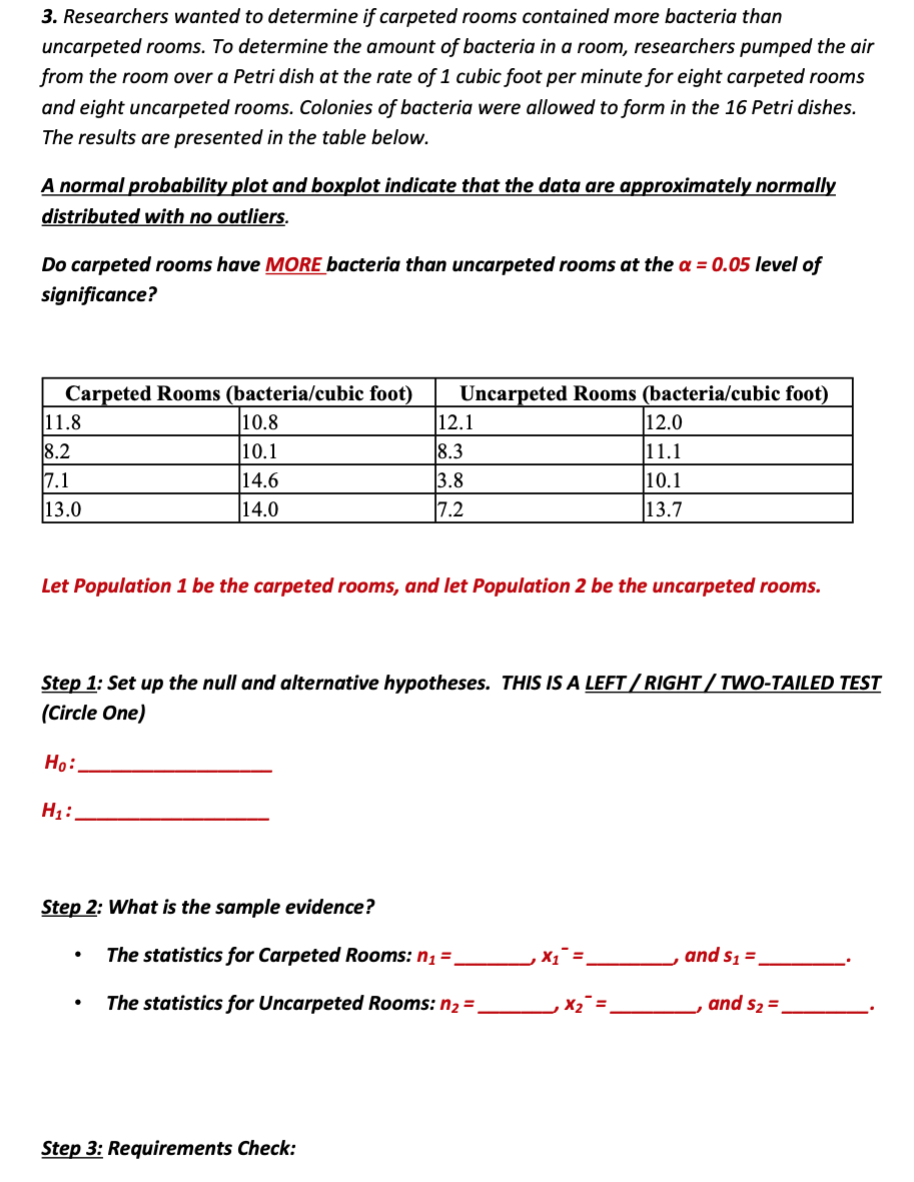 3. Researchers wanted to determine if carpeted rooms contained more bacteria than
uncarpeted rooms. To determine the amount of bacteria in a room, researchers pumped the air
from the room over a Petri dish at the rate of 1 cubic foot per minute for eight carpeted rooms
and eight uncarpeted rooms. Colonies of bacteria were allowed to form in the 16 Petri dishes.
The results are presented in the table below.
A normal probability plot and boxplot indicate that the data are approximately normally
distributed with no outliers.
Do carpeted rooms have MORE bacteria than uncarpeted rooms at the a = 0.05 level of
significance?
Carpeted Rooms (bacteria/cubic foot)
11.8
Uncarpeted Rooms (bacteria/cubic foot)
12.1
8.3
3.8
7.2
10.8
12.0
8.2
10.1
11.1
7.1
13.0
14.6
10.1
14.0
13.7
Let Population 1 be the carpeted rooms, and let Population 2 be the uncarpeted rooms.
Step 1: Set up the null and alternative hypotheses. THIS IS A LEFT / RIGHT/TWO-TAILED TEST
(Circle One)
Ho:.
Step 2: What is the sample evidence?
The statistics for Carpeted Rooms: n1 =
and s1 =
The statistics for Uncarpeted Rooms: n2 =
, X2¯ =
and s2 =
Step 3: Requirements Check:
