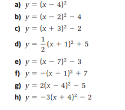 а) у %3D (х — 4)2
b) у 3 (x — 2)2 -4
с) у%3D (х + 3)2- 2
d) у %3D— (х + 1)2 + 5
e) у %3D (х — 7)2-з
f) y = -(x – 1)² + 7
в) у %3D 2(х — 4)2 —5
h) у %3D — 3(х + 4)2 — 2
