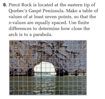 8. Percé Rock is located at the eastern tip of
Quebec's Gaspé Peninsula. Make a table of
values of at least seven points, so that the
x-values are equally spaced. Use finite
differences to determine how close the
arch is to a parabola.
