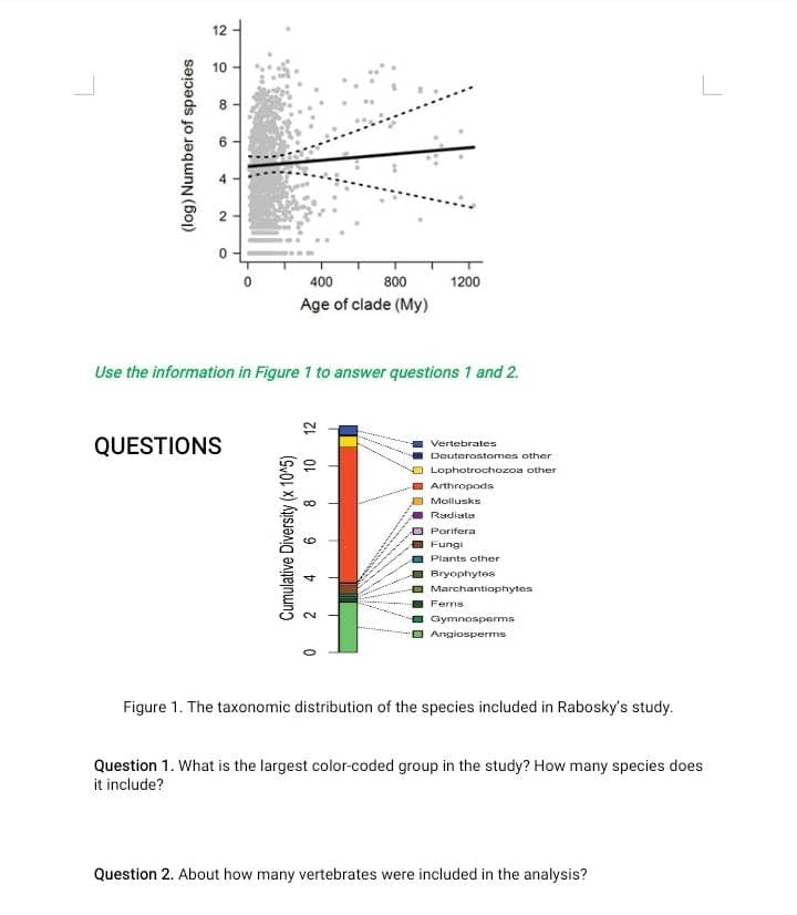 12
10
8
(log) Number of species
6
A
N
O
T
T
T
T
400
800
1200
Age of clade (My)
Use the information in Figure 1 to answer questions 1 and 2.
Vertebrates
QUESTIONS
Deuterostomes other
Lophotrochozoa other
Arthropods
Mollusks
Radiata
Porifera
Fungi
Plants other
Bryophytes
Marchantiophytes
Ferns
Gymnosperms
Angiosperms
Figure 1. The taxonomic distribution of the species included in Rabosky's study.
Question 1. What is the largest color-coded group in the study? How many species does
it include?
Question 2. About how many vertebrates were included in the analysis?
12
Cumulative Diversity (x 10^5)
6 8 10
4
2
0
D
O