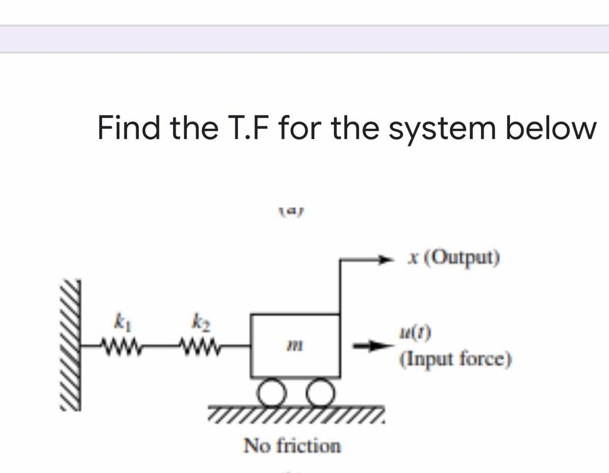 Find the T.F for the system below
ta
x (Output)
u(1)
(Input force)
No friction
