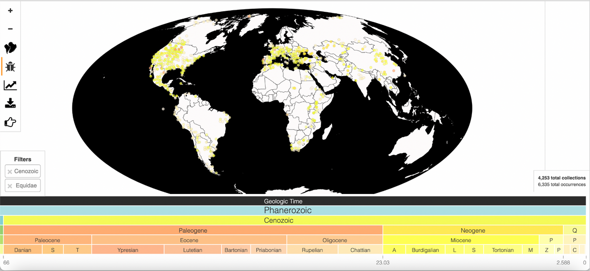 I
+
i
Filters
* Cenozoic
* Equidae
66
Danian
Paleocene
S
T
Ypresian
Paleogene
Eocene
Lutetian
Geologic Time
Phanerozoic
Cenozoic
Bartonian Priabonian
Oligocene
Rupelian
Chattian
23.03
A Burdigalian
Neogene
Miocene
L
S
Tortonian
M
4,253 total collections
6,335 total occurrences
Z
P
P
I
2.588
Q
OPO
Р
C
I
0