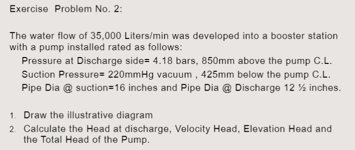 Exercise Problem No. 2:
The water flow of 35,000 Liters/min was developed into a booster station
with a pump installed rated as follows:
Pressure at Discharge side= 4.18 bars, 850mm above the pump C.L.
Suction Pressure= 220mmHg vacuum, 425mm below the pump C.L.
Pipe Dia @ suction=16 inches and Pipe Dia @ Discharge 12 ½ inches.
1. Draw the illustrative diagram
2. Calculate the Head at discharge, Velocity Head, Elevation Head and
the Total Head of the Pump.