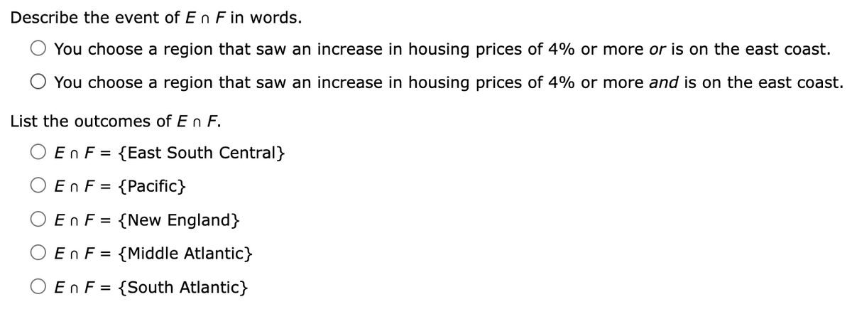 Describe the event of En F in words.
You choose a region that saw an increase in housing prices of 4% or more or is on the east coast.
You choose a region that saw an increase in housing prices of 4% or more and is on the east coast.
List the outcomes of En F.
En F = {East South Central}
En F = {Pacific}
En F = {New England}
En F = {Middle Atlantic}
O En F = {South Atlantic}