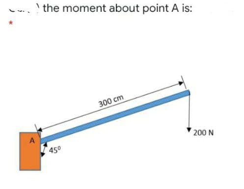 ' the moment about point A is:
300 cm
A
450
200 N
