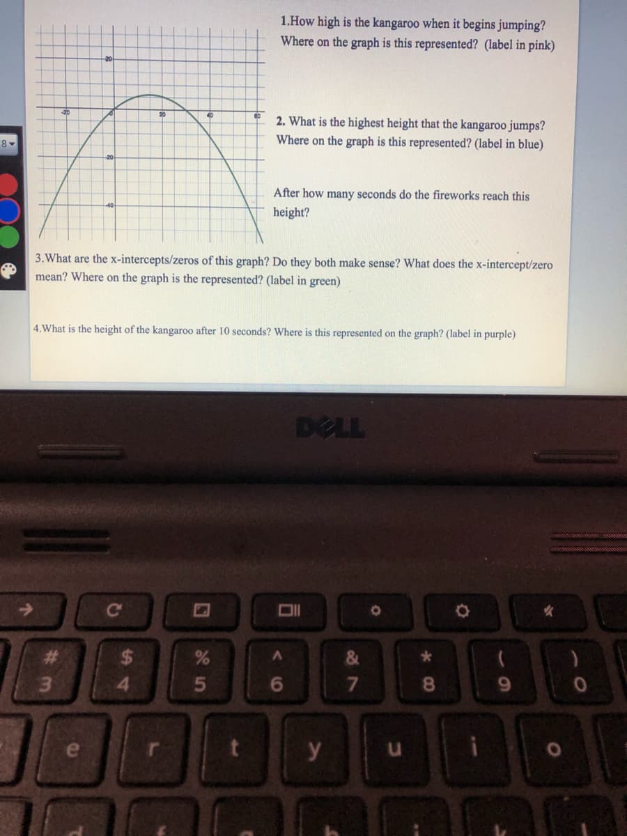 1.How high is the kangaroo when it begins jumping?
Where on the graph is this represented? (label in pink)
20
20
40
2. What is the highest height that the kangaroo jumps?
Where on the graph is this represented? (label in blue)
After how many seconds do the fireworks reach this
height?
3.What are the x-intercepts/zeros of this graph? Do they both make sense? What does the x-intercept/zero
mean? Where on the graph is the represented? (label in green)
4.What is the height of the kangaroo after 10 seconds? Where is this represented on the graph? (label in purple)
DELL
->
Ce
%23
4.
6
8.
y
5
