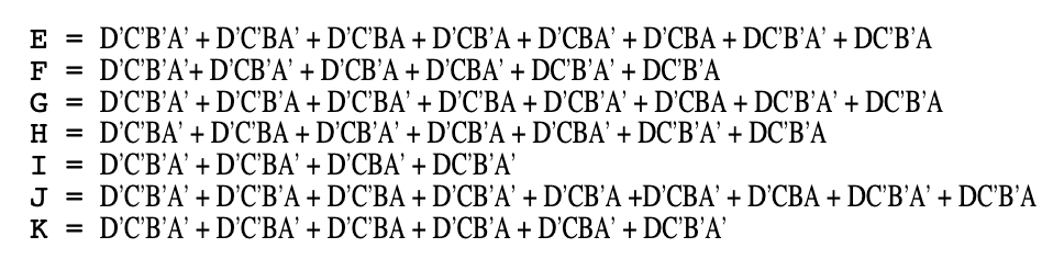 E = D'C'B'A' + D'C'BA' + D'C'BA + D'CB'A + D'CBA' + D'CBA + DC'B'A' + DC'B'A
F = D'C'B'A'+ D'CB'A' + D'CB'A + D'CBA' + DC'B'A' + DC'B'A
G = D'C'B'A' + D'C'B'A + D'C'BA' + D'C'BA + D'CB'A' + D'CBA + DC'B'A' + DC'B'A
H = D'C'BA' + D'C'BA + D'CB'A' + D'CB'A + D'CBA' + DC'B'A' + DC'B'A
I =
D'C'B'A' + D'C'BA' + D'CBA' + DC'B'A'
J = D'C'B'A' + D'C'B'A + D'C'BA + D'CB'A' + D'CB'A +D'CBA' + D'CBA + DC'B'A' + DC'B'A
K = D'C'B'A' + D'C'BA' + D'C'BA + D'CB'A + D'CBA' + DC'B'A'